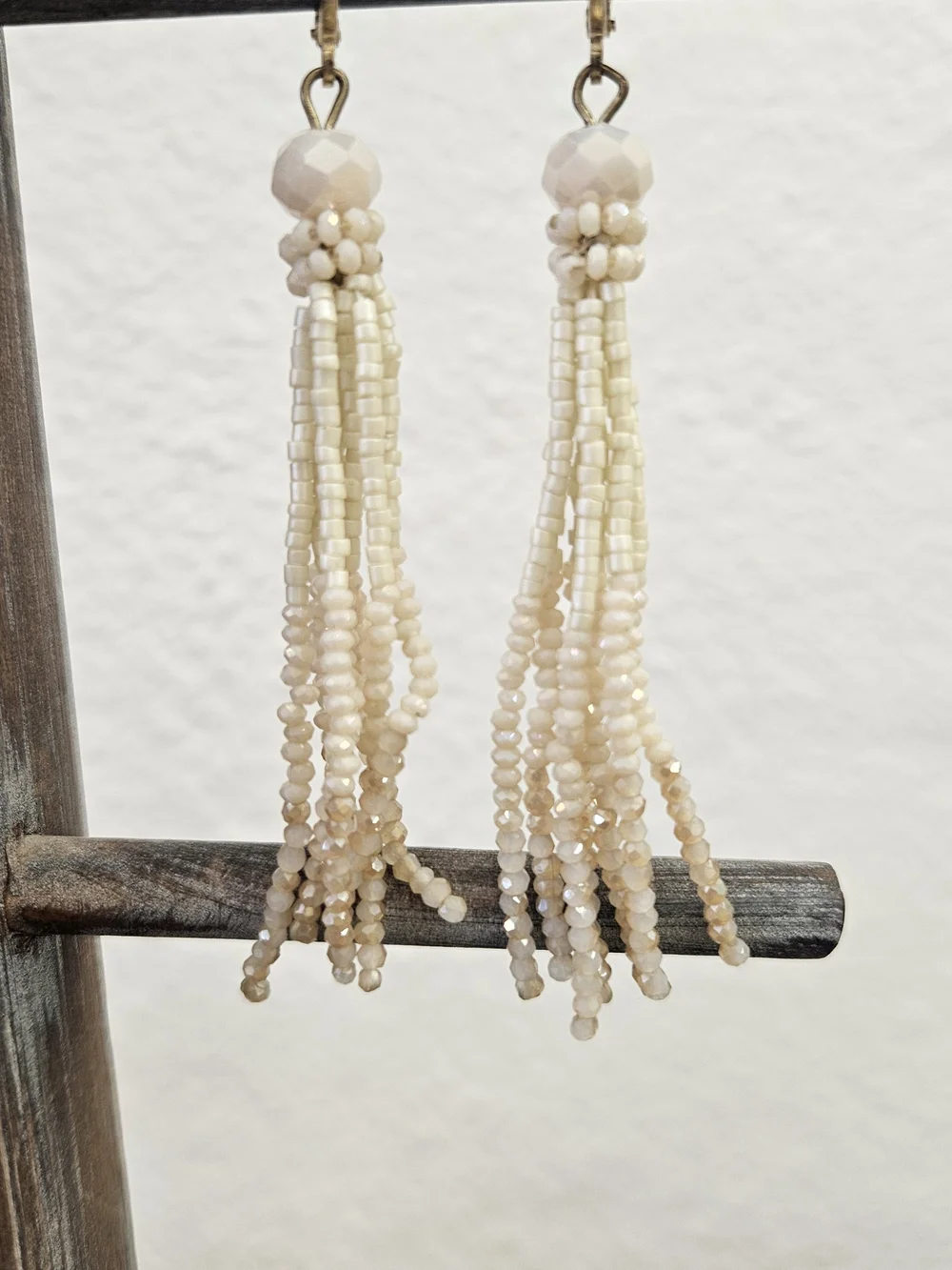 Handmade Cream Beaded Tassel Earrings - Unbranded